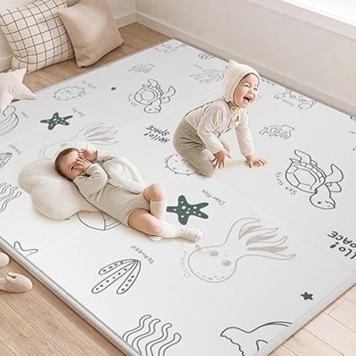 Foldable Baby Play Mat, 79x71 Inch Thick 0.8 Inch XPE Foam Waterproof, Extra Large Crawling Mat for Floor Kids Infant Training Non-Slip Reversible Non-Toxic (‎Ocean)