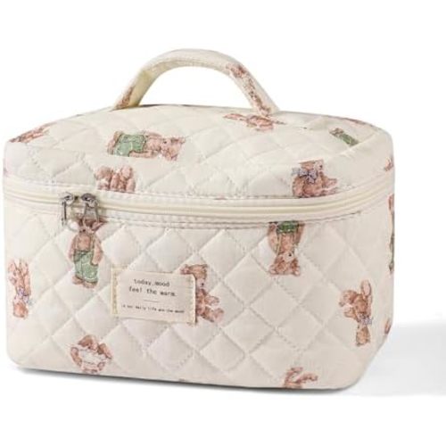 uekeboag Large Travel Quilted Makeup Bag for Women, Floral Cotton Cosmetic Bag, Coquette Aesthetic Floral Toiletry Organizer Bag
