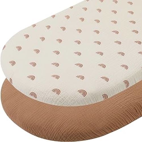 Muslin Bassinet Sheets 32"x 16" Compatible with Dream On Me Karley Bassinet, Delta Children Deluxe and Safety 1st Bassinet, 2 Pack 100% Cotton, Natural and Rainbow