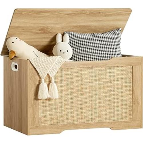 usikey 29.5” Storage Chest with Rattan, Toy Box with Safety Hinge and Gel Bumpers, Lift Top Storage Trunk Storage Bench, Supports 220 lb, for Living Room, Bedroom, Entryway, Natural