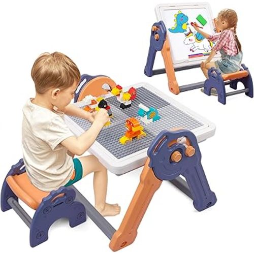 8 in 1 Kids Table and Chair Set, Foldable Toddler Table and Chair Set for Kids Ages 3-10, Activity Table for Building Blocks, Drawing, Reading, Dining