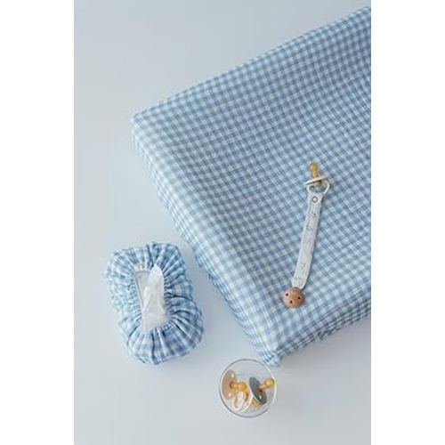 Baby Wipes Cover – Universal Size, One Size Fits All Wipes Packages | Muslin Cotton Tissue Cover for Nursery, Diaper Bag & Changing Table, Station | Gingham & Neutral Patterns (Baby Blue Gingham)