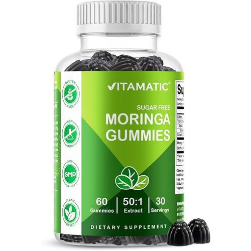 Vitamatic Moringa Gummies – Sugar-Free Botanical Extract – Green Superfood Supplement – Vegan, Pectin-Based, Non-GMO – Plant-Based Gummies – 60 Count