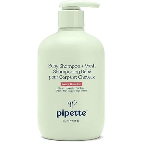 Pipette Baby Shampoo and Body Wash - Rose + Geranium, Tear-Free Bath Time, Hypoallergenic, Moisturizing Plant-Derived Squalane, Non-Toxic, Sulfate Free, 11.8 fl oz