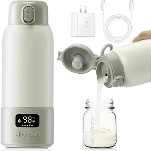 Portable Bottle Warmer, 17oz Large Capacity Milk Warmer for Baby, Fast Heating for Breast Milk & Formula & Water, Long Battery Life Portable Milk Warmer for Travel with Pasteurization, Green