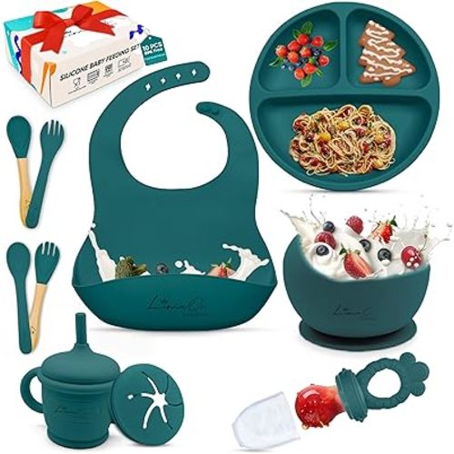 10 Pcs Silicone Baby Feeding Set – Baby Led Weaning Supplies – Toddler plates and bowls set, Bib, Cup, Spoons & Forks – BPA-Free, Easy to Clean – Empower Independence with LimOr - Green Spruce
