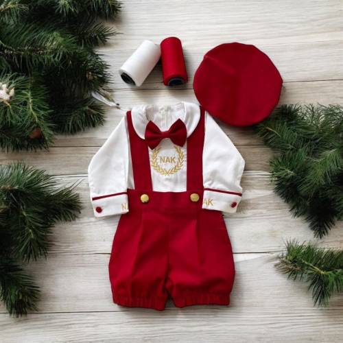 Custom Name Baby Boy Red Christmas Outfit Set, Kids Christmas Holiday Red Outfit Suit SEt Short Shirt Suspender Toddler Xmas Outfit