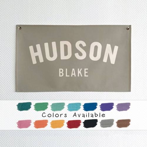 Baby Name Flag, Custom Name Banner, Nursery Name Sign, Linen Look Canvas Easy Clean Machine Washable Boho Cozy Nursery Decor Wall Art BNF-9