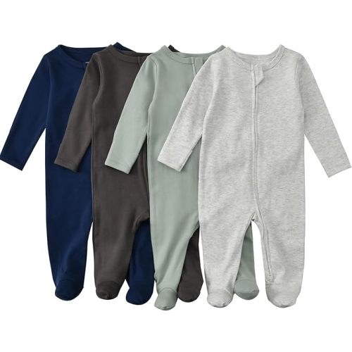 Aablexema Baby Footed Pajamas with Mitten Cuffs Zipper 4-Pack Infant Newborn Cotton Long Sleeve Outfit