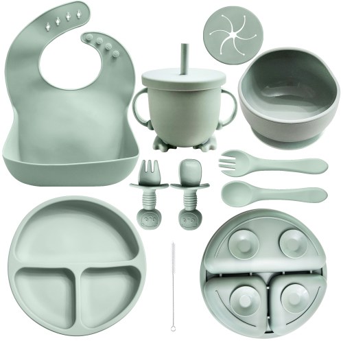 HippoBaby Baby Led Weaning Supplies | 10 Piece Silicone Feeding Set | Baby Toddler Bib Cup Divided Plate and Bowl Self Feeding Spoons Dish Set | Baby Utensils | Toddler Feeding Supplies (Green)
