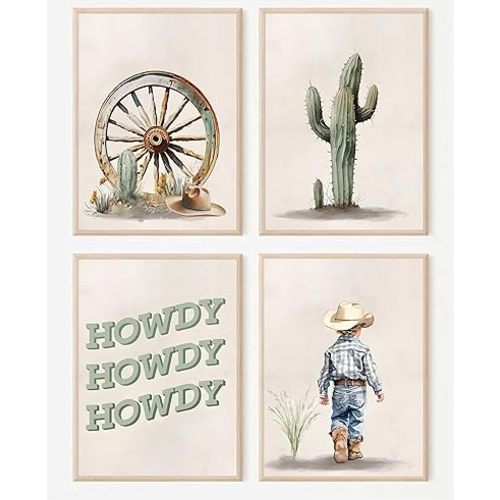 ZLYARTMP 4Pcs Western Cowboy Nursery Wall Art Cactus Desert Posters Pictures Howdy Beige Paintings Cowboy Kid Canvas Prints for Baby Boy Room Decor and Children Wall Decor Unframed