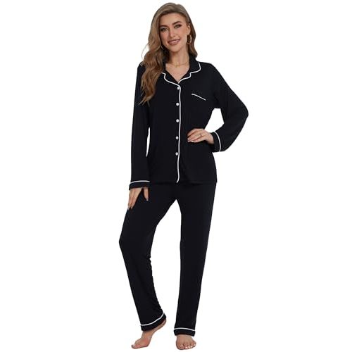 Yoolfine Button Up Pajamas for Women Long Sleeve Sleepwear Soft Loungewear Ladies Pjs Set XS-XXL