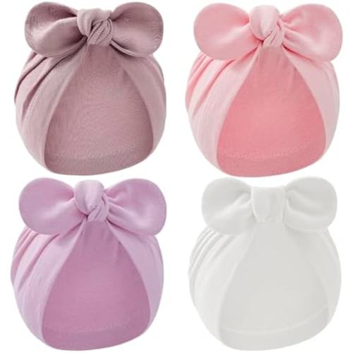 Zando 4PCS Baby Hat Newborn Hats with Big Bow Cotton Warmth Infant Hospital Hat Baby Turban for Girls Boys 0-2t