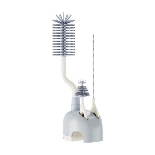 ePiiChua Silicone Bottle Brush Set with Stand, 360° Rotating Silicone Bottle Cleaning Brush Cleaner Set, Long Handle 3 in 1 Multipurpose Silicone Baby Bottle Straw Cleaner Brush (Grey)