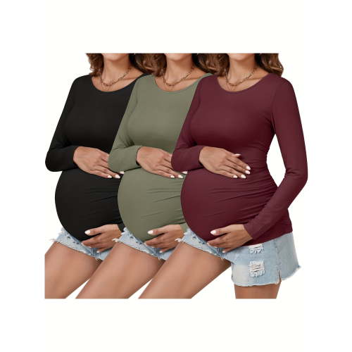 Yawrut Womens 3 pieces Maternity Long Sleeve Tshirt Classic Side Ruched Tee Top Mama Pregnancy Clothes