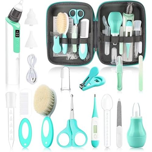 Baby Grooming Kit, Infant Safety Care Set with Baby Electric Nose Aspirator,Baby Hair Brush Comb Nail Clipper Nasal Aspirator,Baby Essentials Kit for Newborn Girls Boys (21 Pc Green Kit)