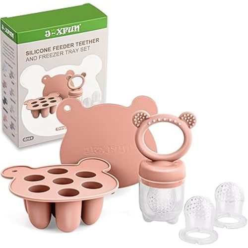 JEXFUN Baby Breastmilk Popsicle Molds & Baby Fruit Food Feeder Pacifier Combo, BPA Free Silicone Nibble Freezer Tray Storage Containers Teething Toys for Safe Infant Self Feeding, 4 Month+(Orange)