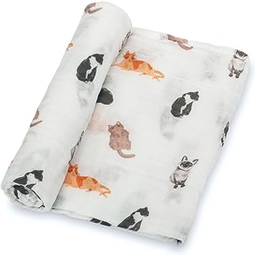 100% Cotton Muslin Swaddle Baby Blanket for Newborns and Infants | Generous 47 x 47 inches Size | Lightweight, Breathable, and Adorable Cat Prints, Here Kitty Kitty