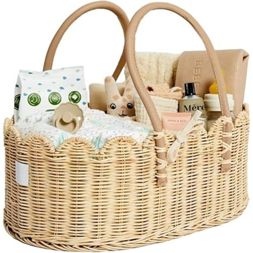 Premium Wicker Baby Diaper Caddy Organizer,Woven Scalloped Rattan Basket with Handle,Wicker Baby Carriage for Nursery (Scalloped Rattan Baby Diaper Caddy Organizer)