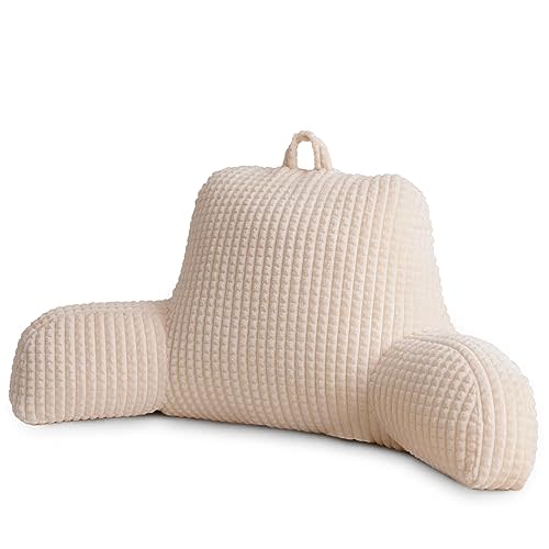 A Nice Night Reading Pillow Bed Wedge Large Adult Children Backrest with Arms Back Support for Sitting Up in Bed/Couch for Lounging Bedrest,Waffle Stereoscopic Design,Ivory