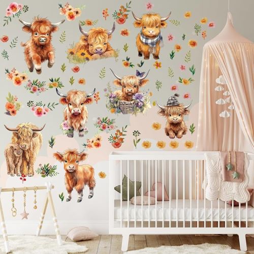 Yinder 12 Sheet 78 Pcs Highland Cow Wall Decals Baby Wall Decals Highland Cow Sticker Cute Nursery Baby Decor for Kids Girls Boys Room Bedroom