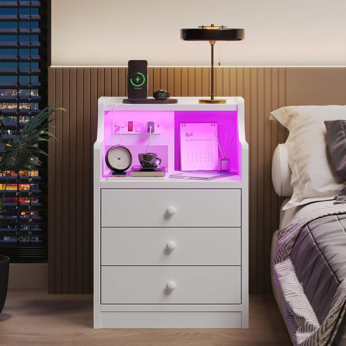 Wrought Studio™ Nightstand With Charging Station And Led Lights,night Stand With Hutch,bedside Table With Drawers,modern End Side Table For Bedroom,white & Reviews | Wayfair