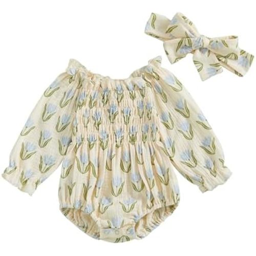 Infant Baby Girl Linen Romper Smocked Bubble Bodysuit Frill Trim Ruffle One-Piece Jumpsuit Casual Cute Summer Clothes