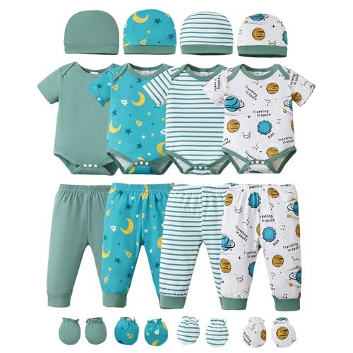 NZRVAWS Newborn Baby Boy Girl Clothes Unisex Infant Romper Pants Set Hat 4-Pack Outfits 0-12 Months 16 Pieces Toddler