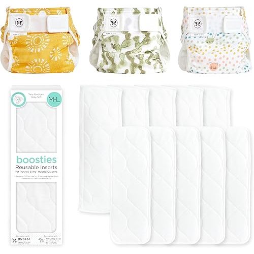 Honest Hybrid Cloth Diaper Cover + Super Boosties Reusable Inserts, Medium (12-25 lbs), Cotton Muslin Honest Covers Feature Pocket-Sling, 3 Pack, Boosties Inserts 10 Count