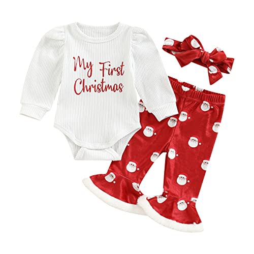 Baby Girl My 1st Christmas Outfits Letter Long Sleeve Romper Tops+Bell Bottom Pants+Headband 3 Pcs Clothes Set