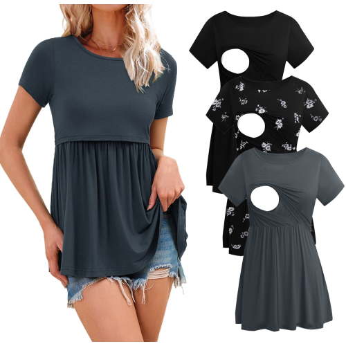 Women's Maternity Clothes Short Sleeve Nursing Tops Breastfeeding Shirts 3-Pack