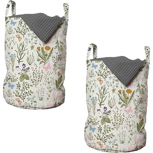 Ambesonne Floral Laundry Bag Pack of 2, Vintage Garden Plants Herbs Flowers Botanical Classic Design Art, Hamper Basket with Handles Drawstring Closure, 13" x 19", Reseda Green Beige