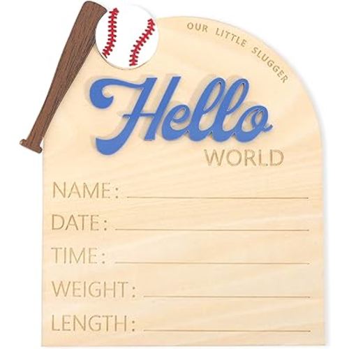Baseball Hello World Bulletin Board - Newborn Birth Record Card Photo Props,Hospital Nursery Decorations,Baseball Birth Information Announcement Sign,Hello World Sports Milestone Wooden Board