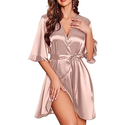 Ekouaer Women's Satin Robe Valentines Lingerie for Women Kimono Bathrobe Short Ruffle Belted Robes Bridesmaids Sleepwear