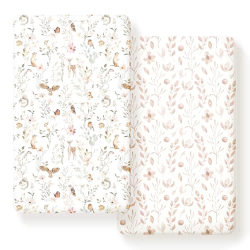 GRSSDER Stretch Ultra Soft Jersey Knit Fitted Crib Sheets Set 2 Pack,Fit All Standard Crib Mattress Pads Safe and Snug, Crib Fitted Sheet for Girls, Beautiful Blush Pink Floral and Cute Animals Print