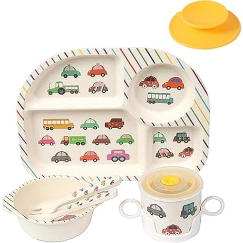 shopwithgreen 7Pcs/Set Bamboo Kids Dinnerware Set - Children Dishes - Food Plate Bowl Cup Spoon Fork Set Dishware, Cartoon Tableware, Dishwasher Safe Kids Healthy Mealtime, BPA Free