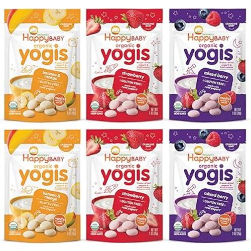 Happy Baby Organics Yogis Freeze-Dried Yogurt & Fruit Snacks, Variety Pack, 1 Ounce (Pack of 6)