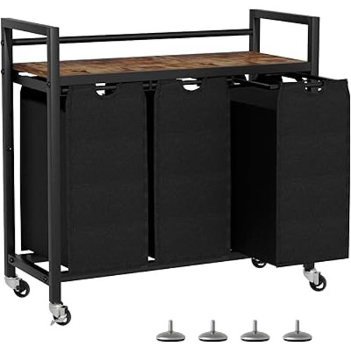 Laundry Hamper, Laundry Basket, Laundry Sorter with 3 Removable Bags, Clothes Basket with 3 Compartments, Wheels, Shelf for Laundry Room Bathroom Bedroom (3 Bags-Black)