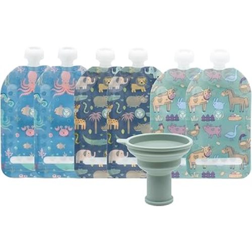 WeeSprout Double Zipper Reusable Food Pouches, Perfect for Babies & Toddlers, Freezer & Dishwasher Safe (Animals, 7 Fl Oz (Pack of 6) + Pouch Filler)