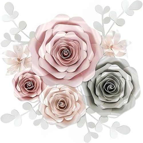 Rainbows & Lilies Large Paper Flowers Decorations for Wall, Wedding, Bridal Party, Baby Shower, Nursery Decor, Girls Room Decor, Flower Backdrop - 10pc, 3D Wall Flowers Wall Decor (Pink, Gray, Ivory)