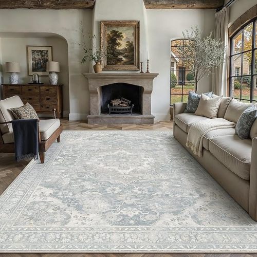PureCozy Blue Grey 8x10 Area Rug for Living Room Vintage Machine Washable Large Rug Non-Slip Soft Low Pile Carpet Floral Stain Resistant Indoor Office Throw Rug for Bedroom Dining Room Nursery