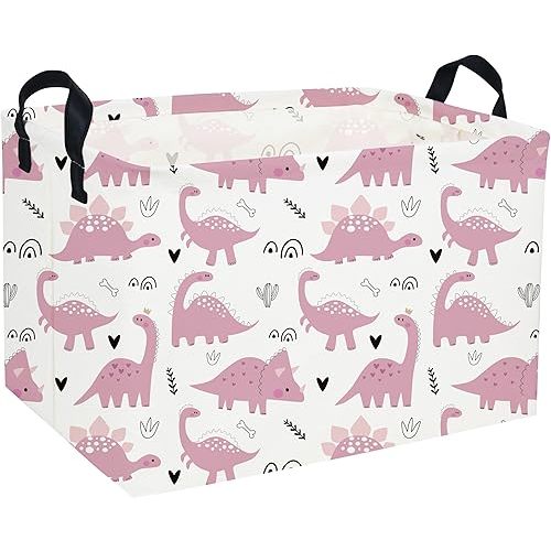 Essme Rectangular Pink Dinosaur Basket, Organizer with Handles for Girls Room Decor