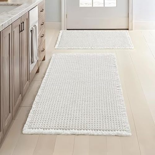 MIULEE Set of 2 Waffle Bathroom Rugs, Boho Bath Rugs Non Slip Washable, Super Absorbent Bath Mats, Ultra Soft Rubber Backed Shower Mats for Bathroom Floor, Tub, White, 17"x24"+18"x30"