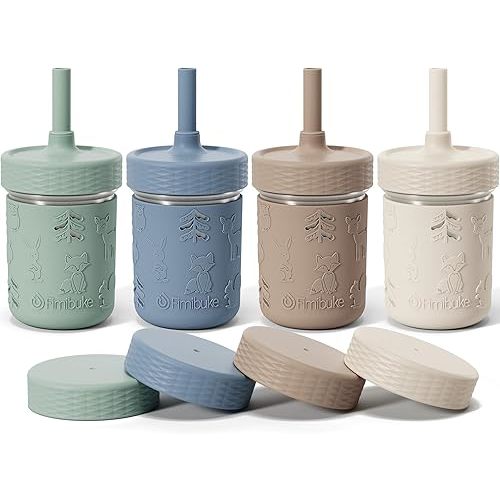 Fimibuke Toddler Cups Spill Proof, 8 OZ Sippy Cups for Kids Girl Boy, Stainless Steel Tumbler with Lid, Removable Silicone Straw & Sleeve, BPA Free Dishwasher Safe Water Bottle Snack Container 4 Pack