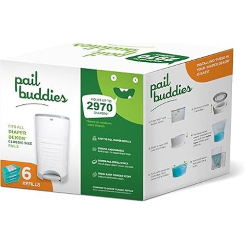 Pail Buddies Diaper Pail Refills | 6 Count | Compatible with Dekor Classic Diaper Pail | Strong, Durable Diaper Pail Refills with Fresh, Baby Powder Scent