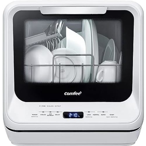 COMFEE' Portable Dishwasher Countertop with 5L Built-in Water Tank, No Hookup Needed, 6 Programs, 360° Dual Spray, 192℉ High-Temp& Air-Dry Function, Mini Dishwasher for RVs, White