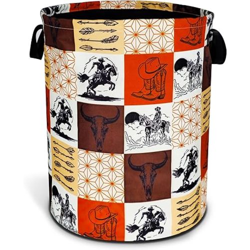 Western Cowboy Laundry Basket Cow Skull Foldable Oxford Cloth Funny Tote Bag Laundry Hamper Clothes Storage Bucket Toy Organizer For Bathroom/Laundry Storage/Bedroom 18.9x16.5 Inch