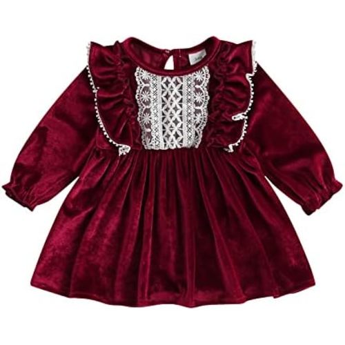 Infant Toddler Girl Christmas Outfits Long Sleeve Dress Lace Vintage One Piece Skirt Red Velvet Party Banquet Sundress
