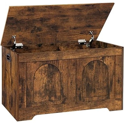 DINZI LVJ Storage Chest, 31.5”Wooden Storage Box with 2 Safety Hinges, Entryway Shoe Bench with Flip-Top, Sturdy Trunk for Living Room, Bedroom, Easy Assembly, Rustic Brown