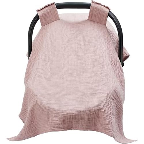 Meracorallo Muslin Baby Car Seat Cover, 100% Organic Cotton Infant Carrier Cover, Lightweight Breathable Soft Carseat Canopy for Baby Boys and Girls (Pink)